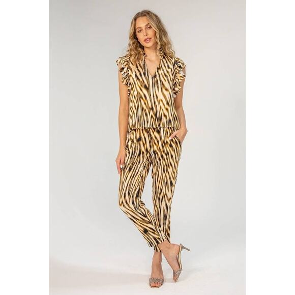 Lavender Brown Sophia Short Sleeve Top Brown Multi Stripe Animal Print Medium M - Picture 3 of 4